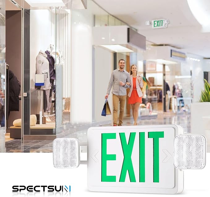 SPECTSUN Led Green Emergency Exit Lights with Battery Backup -Two Adjustable LED Exit Lights Combo, Backup Battery, 120-277V, Wall Or Ceiling Mount, Commercial Grade Double Sided UL