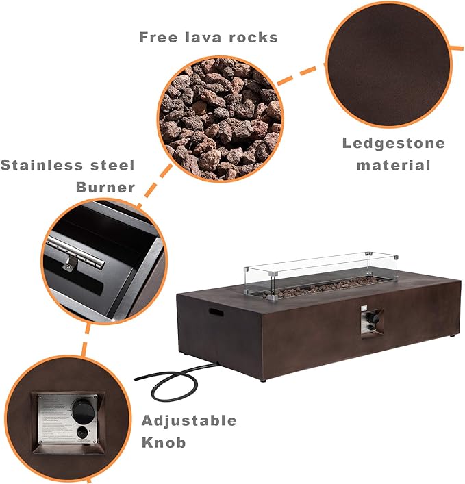 COSIEST Outdoor Propane Fire Pit Table 56" x 28" Rectangle Bronze Compact Concrete-Like Finish, CSA Certified, 50,000 BTU,Wind Guard, Tank Outside, Free Lava Rocks, Fits 20lb Tank Outside, Raincover