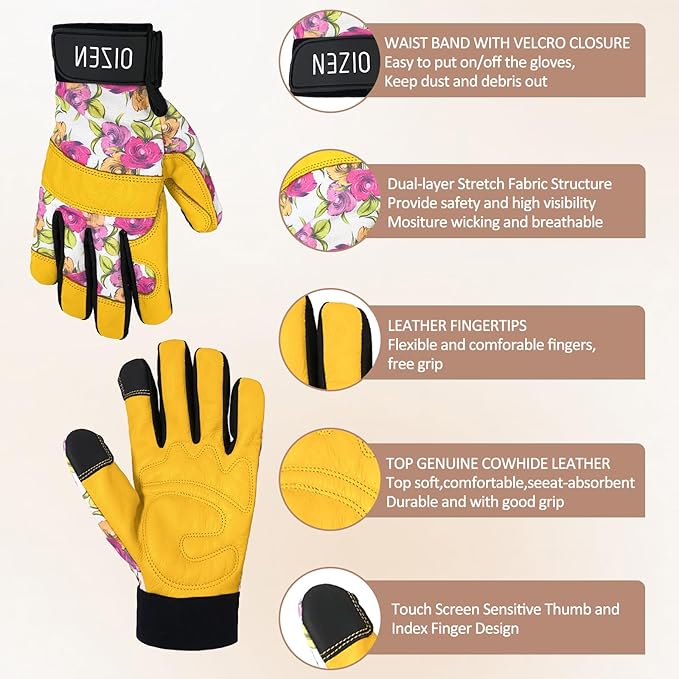Leather Tough Cowhide Work Gardening Gloves for Women Thorn Proof, Working Gloves, Gardening Gifts for Women