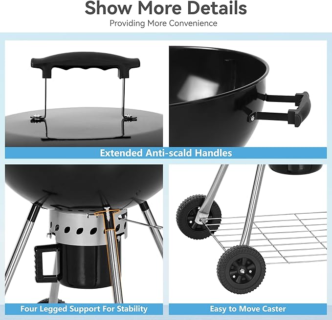 GREEN PARTY 22 inch Kettle Charcoal BBQ Grill with Wheels, Portable Charcoal Grill with Porcelain-Enameled Lid & Ash Catcher for Outdoor Cooking Barbecue Camping Picnics Tailgating, Black