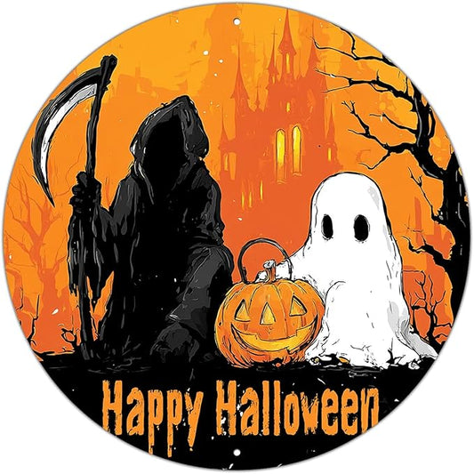 PEACHGARDEN Happy Halloween Round Metal Tin Sign Gothic Decor Vintage Wall Art Retro 8x8inch