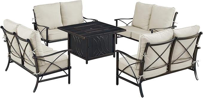 Oakland Living AHRI-4LS-CAVE-LGCU-AC Black Aluminum Patio Fire Table Set with Four Deep Seating Loveseat with Cushions, Antique Copper