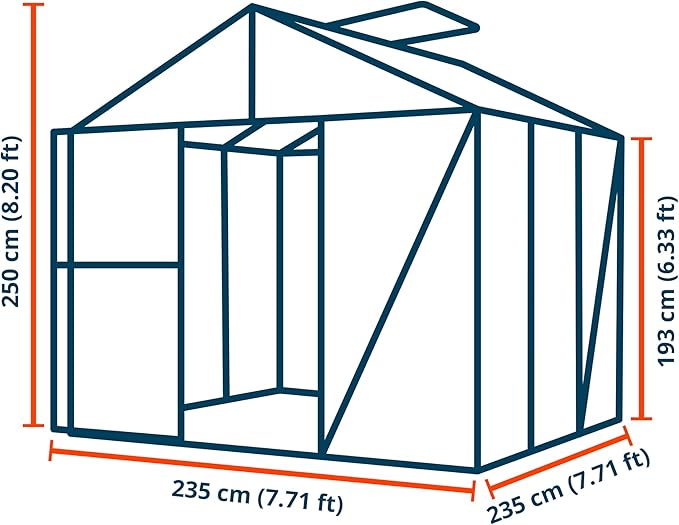 Greenhouse Diamas 21 Premium 7.7 x 7.7 ft with Approx. 16 mm Polycarbonate Panels, Natural Aluminum Color, with 2 Automatic Vent Openers