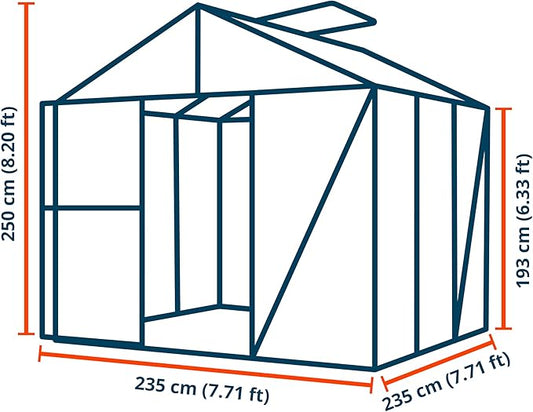 Greenhouse Diamas 21 Premium 7.7 x 7.7 ft with Approx. 16 mm Polycarbonate Panels, Natural Aluminum Color, with 2 Automatic Vent Openers
