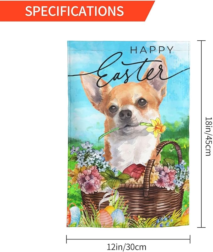 Happy Easter Chihuahua Dog Flowers Eggs Bunny Garden Flag Welcome Party Outdoor Outside Decorations Picks Home House Garden Yard Decor 12x18 Inch