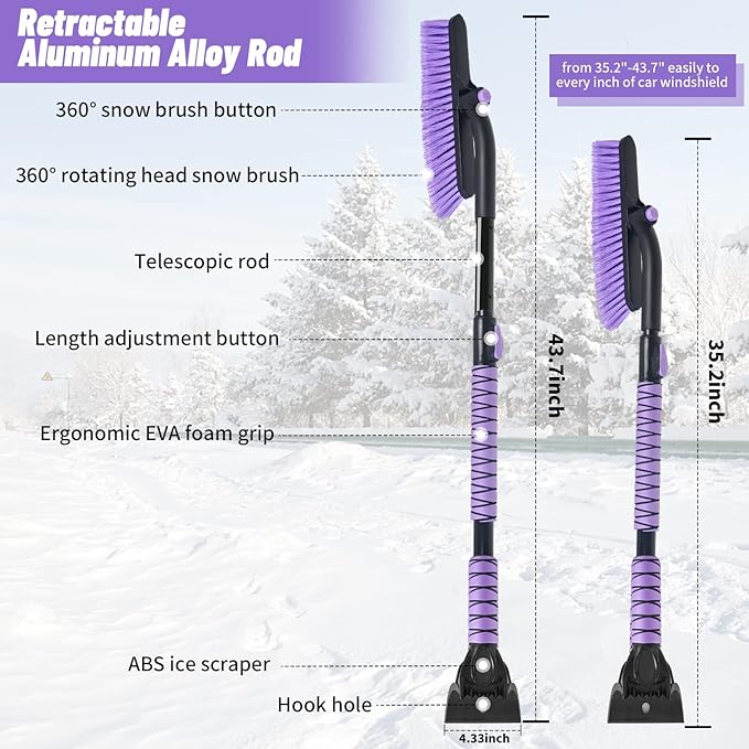 44" Ice Scraper and Snow Brush for Car Windshield with Extendable, 360° Pivoting, Soft Bristle Head, Foam Grip, for Car, Truck, SUV Window Tool (Purple)