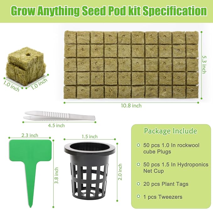 Windspeed 120Pcs Rockwool Planting Cubes Set 1 Inch, Rock Wool Seed Starter Cubes Set for Rooting Starting Seeds Include 50P Rockwool Cubes 50P 1.5 in Hydroponics Basket 20 Plant Tags 1 Tweezers