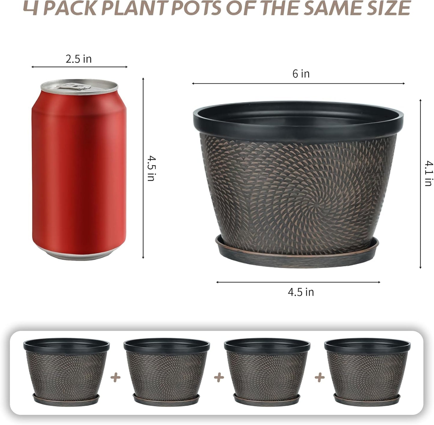 Quarut 4 Pack 6 Inch Flower Pots for Outdoor Indoor, Plastic Plant Pots with Drainage Hole & Saucer, Lightweight Small Flower Pot, Circle Pattern Planters for Garden House planters（Black Copper）