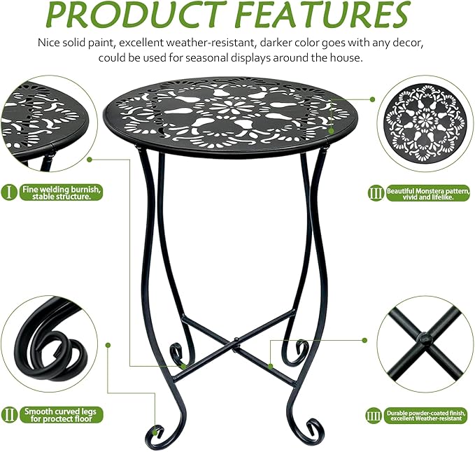 3pcs Plant Stand Small Outdoor Table,Round Black Metal Shape with Decorative Openwork Flower Pattern, Anti-Rust Wrought Iron Patio Table for Indoor Plant Stand,Porch,Balcony,Garden,Yard (Small & Medium & Large)