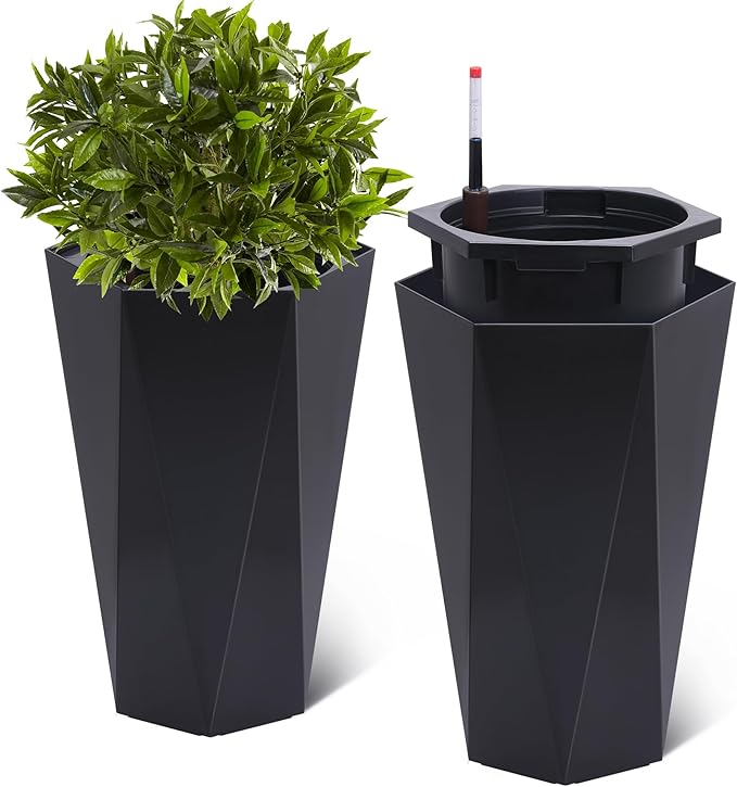 23 Inch Tall Outdoor Planters Set of 2, Self Watering Pots for Indoor Plants with Water Level Monitor & Drainage Hole & Wheels, Large Planter Pots for Garden, Patio, Balcony, Lounge, White