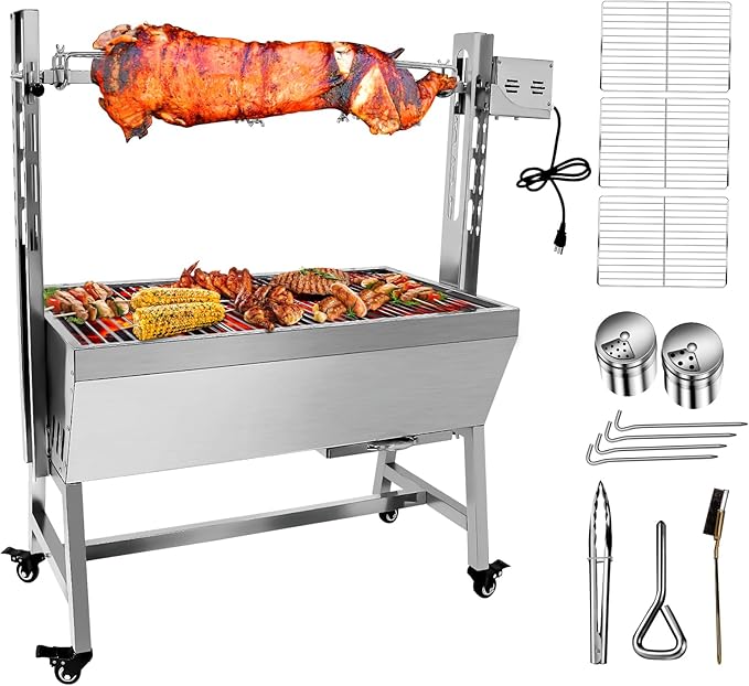 Rotisserie Grill Charcoal Spit Roaster, Stainless Steel 37" Pig Lamb Hooded Roaster Charcoal Spit With 25W Motor & Adjustable Height Lockable Casters For Party Barbecue,132 LBS Without Baffle
