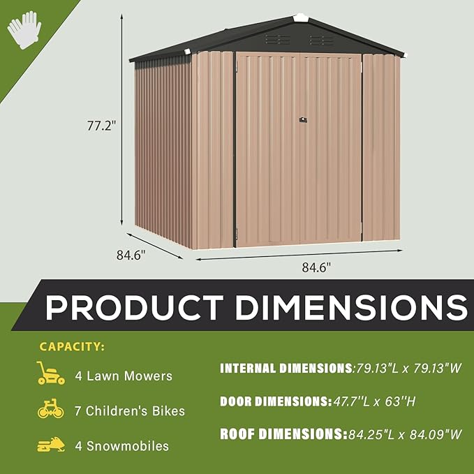 U-MAX 7' x 7' Storage Metal Shed, Large Outdoor Sheds & Outdoor Storage Clearance 7x7, Lockable Garden Shed, Utility and Tool Storage for Garden, Backyard, Patio and Outside Use
