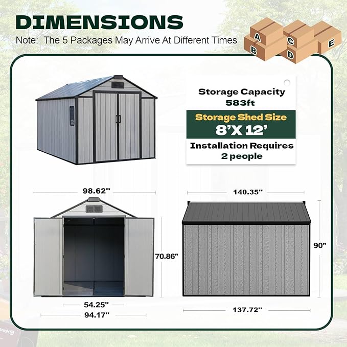 MELLCOM 8 x 12 FT Resin Outdoor Storage Shed with Floor, Outdoor Storage Tool Shed with Windows and Lockable Door, Resin Garden Shed for Lawnmower, Bike, Pool Supply