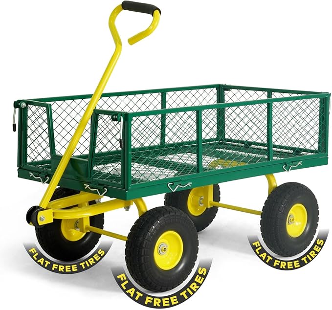 CAPHAUS Metal Green Garden Cart, w/ 180° Adjustable Yellow Handle, w/Mat and Strap, Heavy Duty 880 lbs Capacity, w/ 10” Flat-Free Tires, Sides Removable, Utility Wagon, Yard Cart, for Garden, Farm