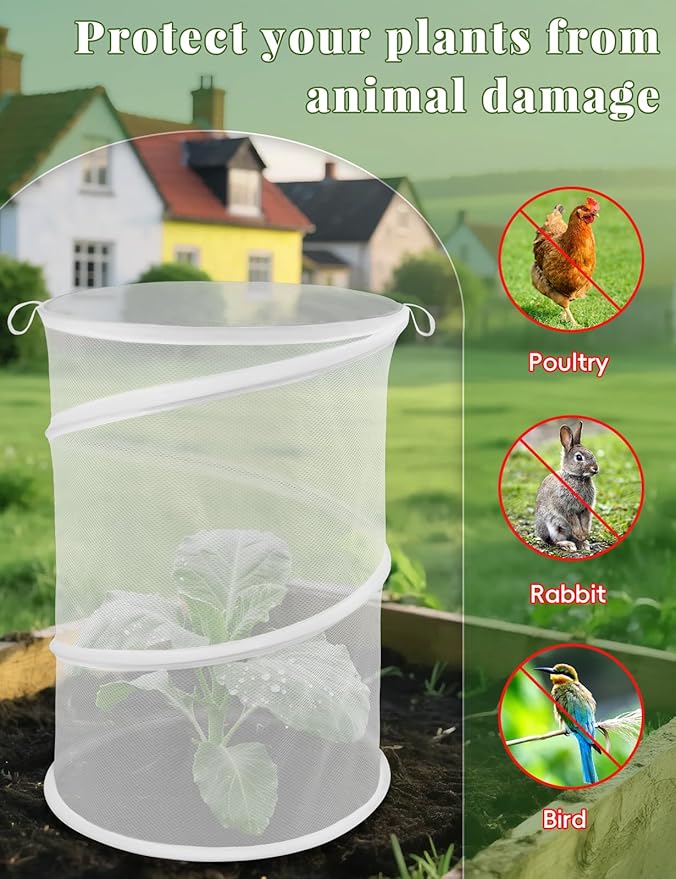 4 Pack Pop Up Plant Covers from Animals, 20" H X 13" D Insect Garden Covers, Round Foldable Mesh Plant Cover, Plant Protectors for Outdoor Plants, with Stakes and Labels (White)