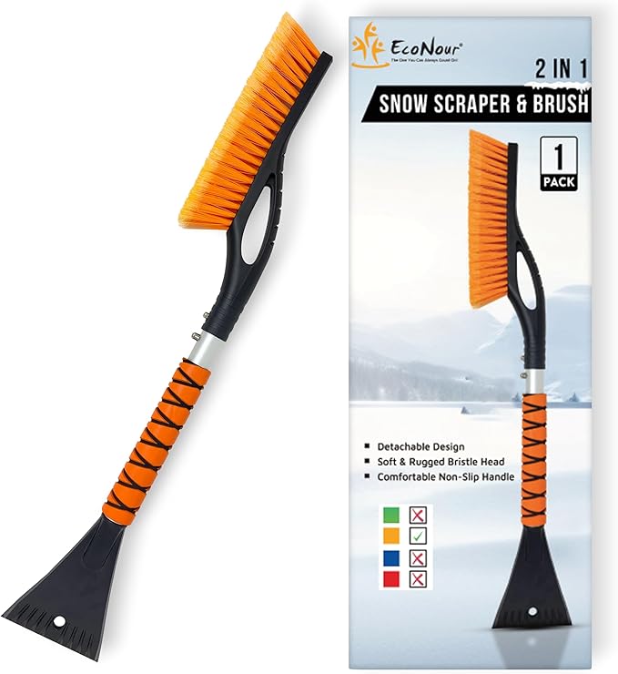 EcoNour 27" Aluminum Snow Brush with Ice Scrapers for Car Windshield and Window | Car Snow Scraper and Brush with Ergonomic Foam Grip Winter Accessories (Orange)