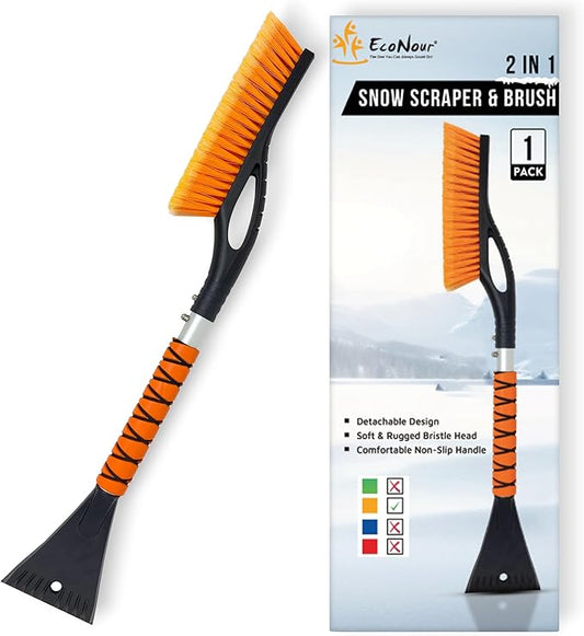 EcoNour 27" Aluminum Snow Brush with Ice Scrapers for Car Windshield and Window | Car Snow Scraper and Brush with Ergonomic Foam Grip Winter Accessories (Orange)