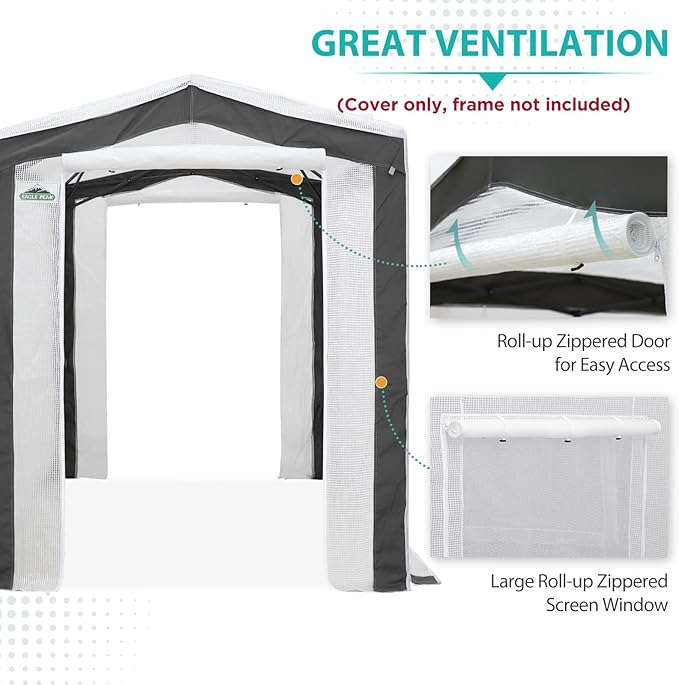 EAGLE PEAK Replacement Cover for 8x6 Pop up Greenhouse with Polyester Reinforced Corners, Front and Rear Roll-Up Zipper Entry Doors and 2 Roll-Up Side Windows (Frame Not Included), Gray/White
