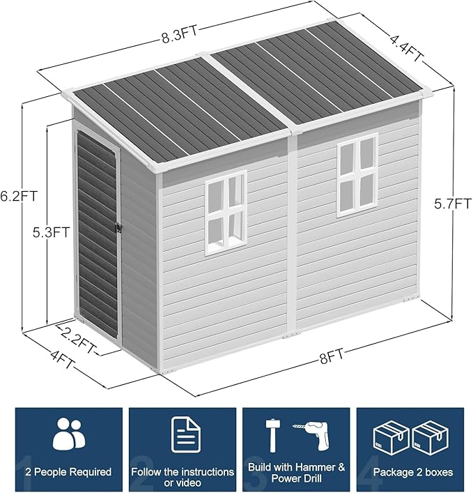 Restland 8x4 FT Resin Storage Shed with Floor & Adjustable Window Outdoor Weather-Resistant Plastic Sheds for Backyard, Garden, Lawn (Light Grey)