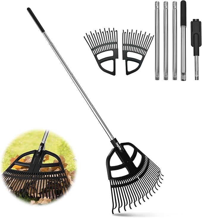 Adjustable Leaf Rake 30-65 Inch – 30 Tines Garden Rakes with Non-Slip Handle&Quick-Detach Head Lightweight Yard Rake for Wet Leaves, Pine Needles, Gravel
