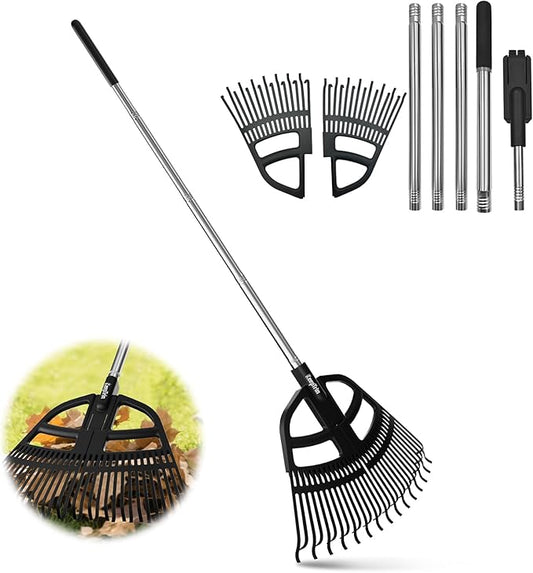 Adjustable Leaf Rake 30-65 Inch – 30 Tines Garden Rakes with Non-Slip Handle&Quick-Detach Head Lightweight Yard Rake for Wet Leaves, Pine Needles, Gravel