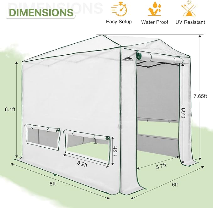 EAGLE PEAK Instant Pop-up Greenhouse, Indoor Outdoor Plant Gardening Green House, Roll-Up Zipper Doors and Side Windows, Heavy Duty Walk in 8x6 ft, Woven PE Top, White