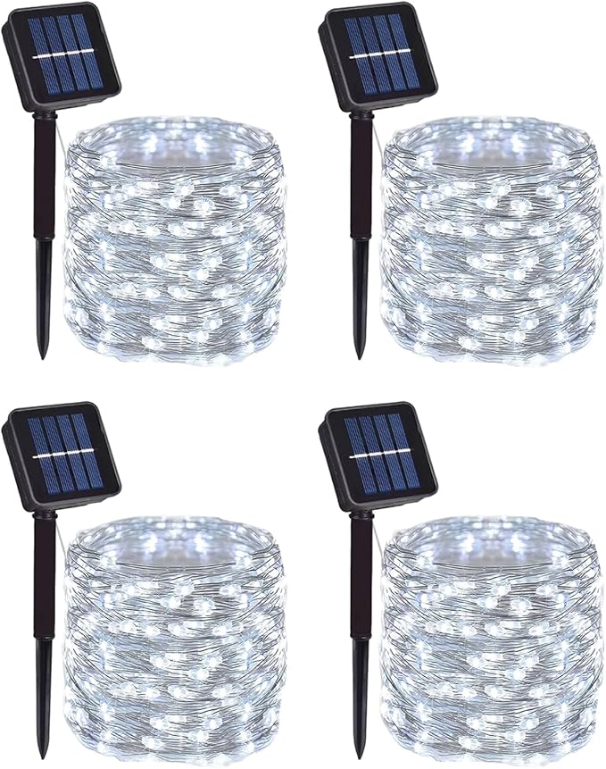 4 Pack Solar Powered Copper Wire String Lights Outdoor, Total 400LED Waterproof 8 Modes Fairy Lights for Garden, Patio, Party, Yard, Christmas (White)
