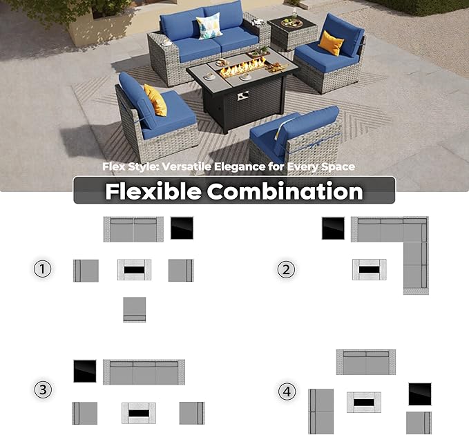 ovios 7 Pieces Patio Furniture Set, Outdoor Wicker Sectional Sofa with 42 Inch Fire Pit Table Comfy Cushions, Modern Modular Deep Seat Rattan Couch Conversation Set, Navy Blue
