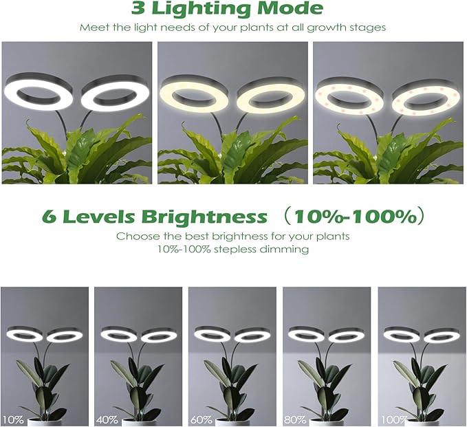 Grow Light, 2-Head LED Floor Plant Growing Lamp, Full Spectrum Plant Light for Indoor Plants, Extended&Built-in Power Cord, Automatic On/Off Timer, 6-Level Dimming, Adjustable Height of 63 in