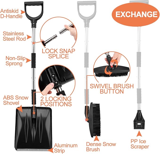 OCGIG 3-in-1 Portable Snow Shovel Kit with Ice Scraper and Snow Brush, Emergency Collapsible Design Snow Remover Set for Garden, Camping, Car, Trucks and Other Outdoor Activities