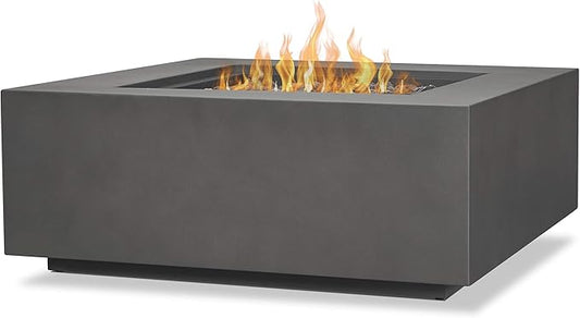 Real Flame Aegean 36”in Square Propane or Natural Gas Fire Pit Table, 50,000 BTU, Powder-Coated Steel, Push-Button Ignition, CSA Certified, Lava Rock, Storage Cover, Stainless Steel Burner with Lid