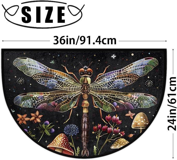 cfpolar Non-Slip Soft Half Round Door Mat, Dragonfly Mushroom Flower Semicircle Mat for Indoor Entrance Garage Bath Living Room Patio 24 x 36 in