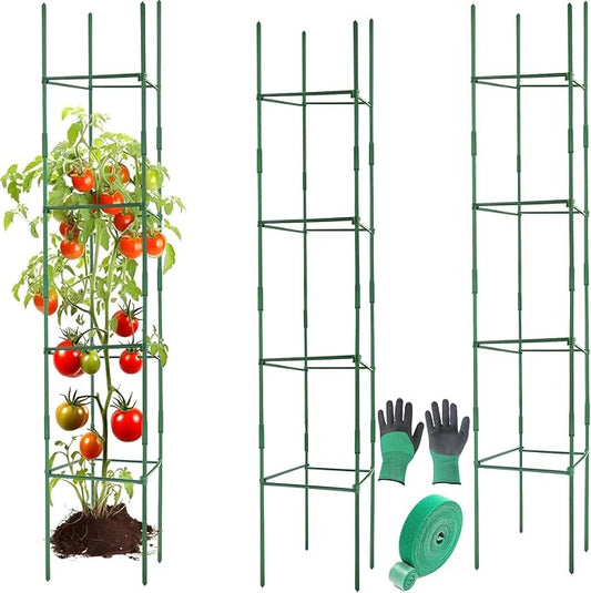 3Pack 12" Width Up to 63" Height Adjustable Square Tomato Cages for Garden, Plant Support Stakes for Climbing Vegetable, Tomatoe, Flower, with Twist Ties Snap-On Stake Arms