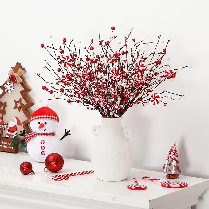 8 Pcs Christmas Candy Cane Decoration Xmas Tree Picks Ornaments, Red White Curly Pick and Spray with Artificial Berries Stem for Home Vase Filler Table Centerpiece Craft Xmas Tree Topper