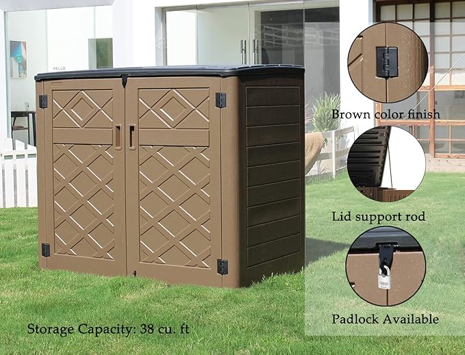 Large Horizontal Storage Sheds,38 cu.ft Resin Garden Shed Weather Resistance,Outdoor Storage Box Lockable for Patio,Backyard,Garden,Home(Brown)