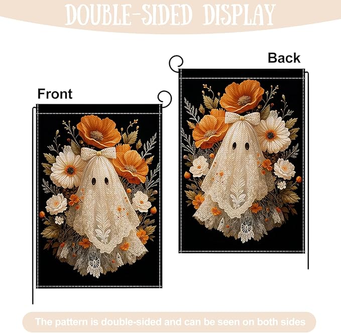 Halloween Garden Flag 12 x 18 Inch Double Sided Ghost Flower Bow Designs Fall Autumn Burlap Yard Flag for Outside Rustic Yard Outdoor Holiday Home Decoration