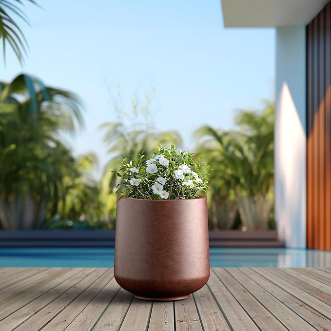 Kante 15.3" Dia Round Concrete Planter, Outdoor Indoor Large Plant Pots Containers with Drainage Hole and Rubber Plug for Home Garden Patio, Rusty