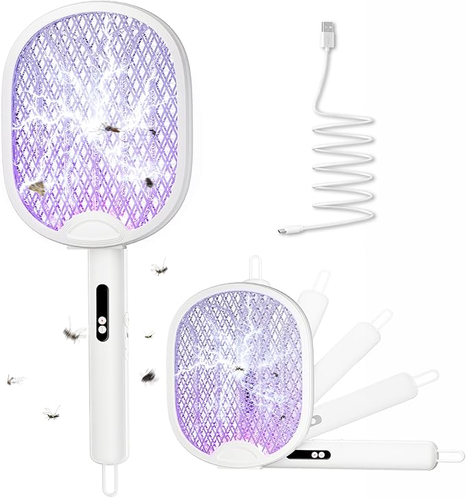 Electric Fly Swatter Foldable Bug Zapper Racket with 4000V 1800mAh Rechargeable Battery 5-Layer Safety Mesh Dual Modes with Mosquito Light Suitable for Indoor or Outdoor Use (White)