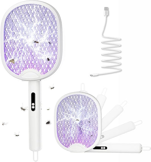 Electric Fly Swatter Foldable Bug Zapper Racket with 4000V 1800mAh Rechargeable Battery 5-Layer Safety Mesh Dual Modes with Mosquito Light Suitable for Indoor or Outdoor Use (White)