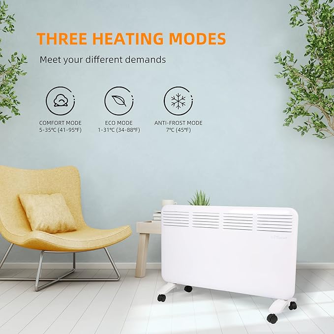 Convection Space Heaters for Indoor Use, 1500W, Quiet Heating, Auto Thermostat, 24H Timer, 3 Modes, Wall Mounted/Freestanding, Electric Panel Heater for Bedroom, Bathroom, Office