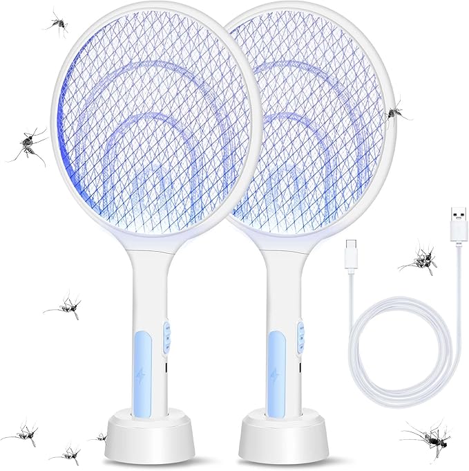 Qualirey 2 Pcs Electric Fly Swatter Racket 3000V 2 in 1 Bug Zapper Racket USB Rechargeable, Powerful Mosquitoes Trap Lamp and Fly Killer with 3 Layer Safety Mesh for Indoor Outdoor (White,Round)