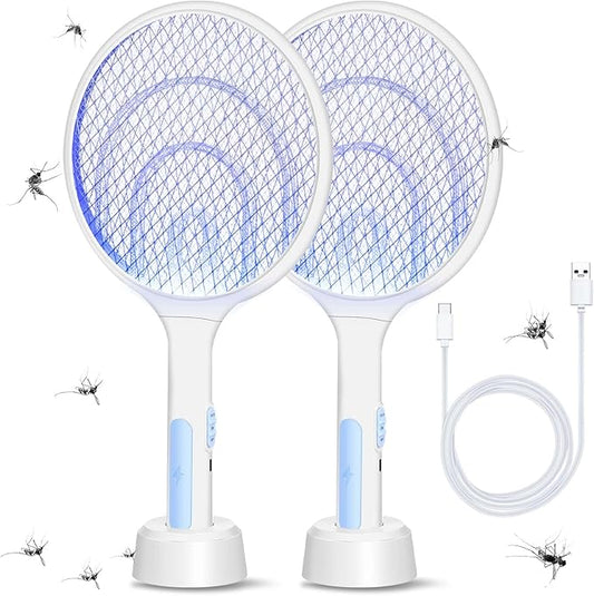 Qualirey 2 Pcs Electric Fly Swatter Racket 3000V 2 in 1 Bug Zapper Racket USB Rechargeable, Powerful Mosquitoes Trap Lamp and Fly Killer with 3 Layer Safety Mesh for Indoor Outdoor (White,Round)