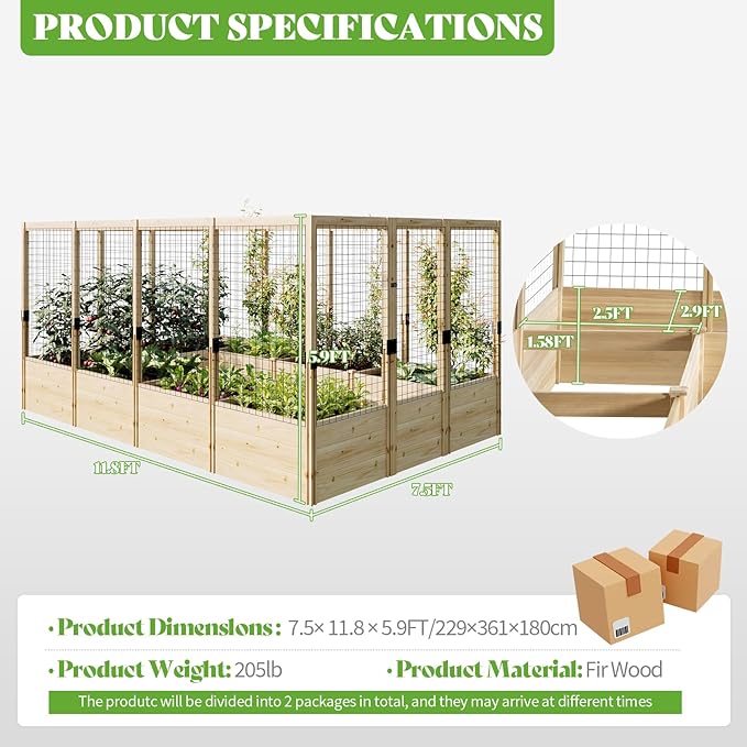 PaPaJet Wooden Raised Garden Bed for Outdoor, Deep Large Planter Box with Netting for Gardening, Vegetables, Flowers, Herbs（7.5× 11.8× 5.9FT）