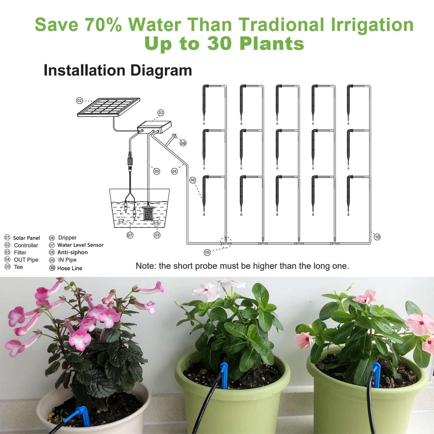 Lewisia 10W Solar Automatic Drip Irrigation Kit Auto Watering System 115FT for 30 Plants