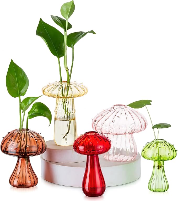 Mushroom Jars for Plants, Hewory 5pcs Colored Glass Mushroom Bud Vase for Flowers, Unique Plant Propagation Stations Propagating Vases Decor, Mini Cute Hydroponic Terrarium Planter for Indoor Planters
