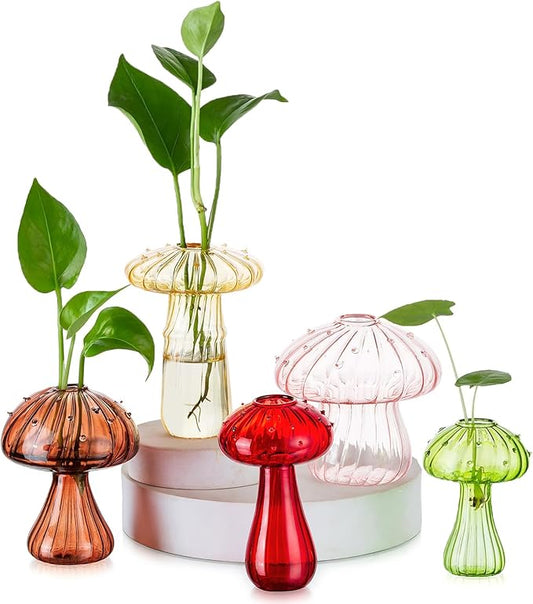Mushroom Jars for Plants, Hewory 5pcs Colored Glass Mushroom Bud Vase for Flowers, Unique Plant Propagation Stations Propagating Vases Decor, Mini Cute Hydroponic Terrarium Planter for Indoor Planters
