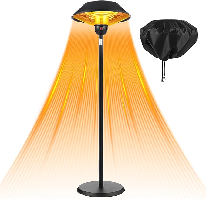 Patio Electric Outdoor Heater Stainless Steel 1500W Standing Infrared Heaters with Dust Cover for Indoor/Outdoor Use, 3 Heat Settings, Fast Heating, Height Adjustable, Tip-Over Protection