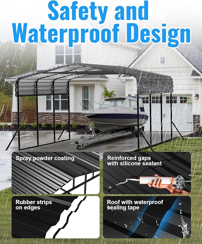 10x15FT Metal Carport, Heavy Duty Carport with Reinforced Frame & Side Support Poles for All-Weather, Outdoor Car Port Suitable for Parking Pickup, Boat, Car, and Tractor