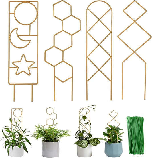 Small Trellis for Potted Plants, 15.94 inch Gold Metal Plant Trellis for Climbing Plants Indoor, Pant Lattice for Ivy Vines Hoya Houseplants Flower 4 Pack