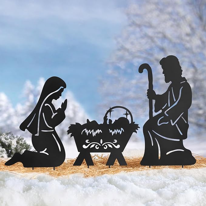 Nativity Silhouette Outdoor,Black Silhouette Nativity Scene for Yard Stake,Set of 3 Christmas Ornaments for Outside